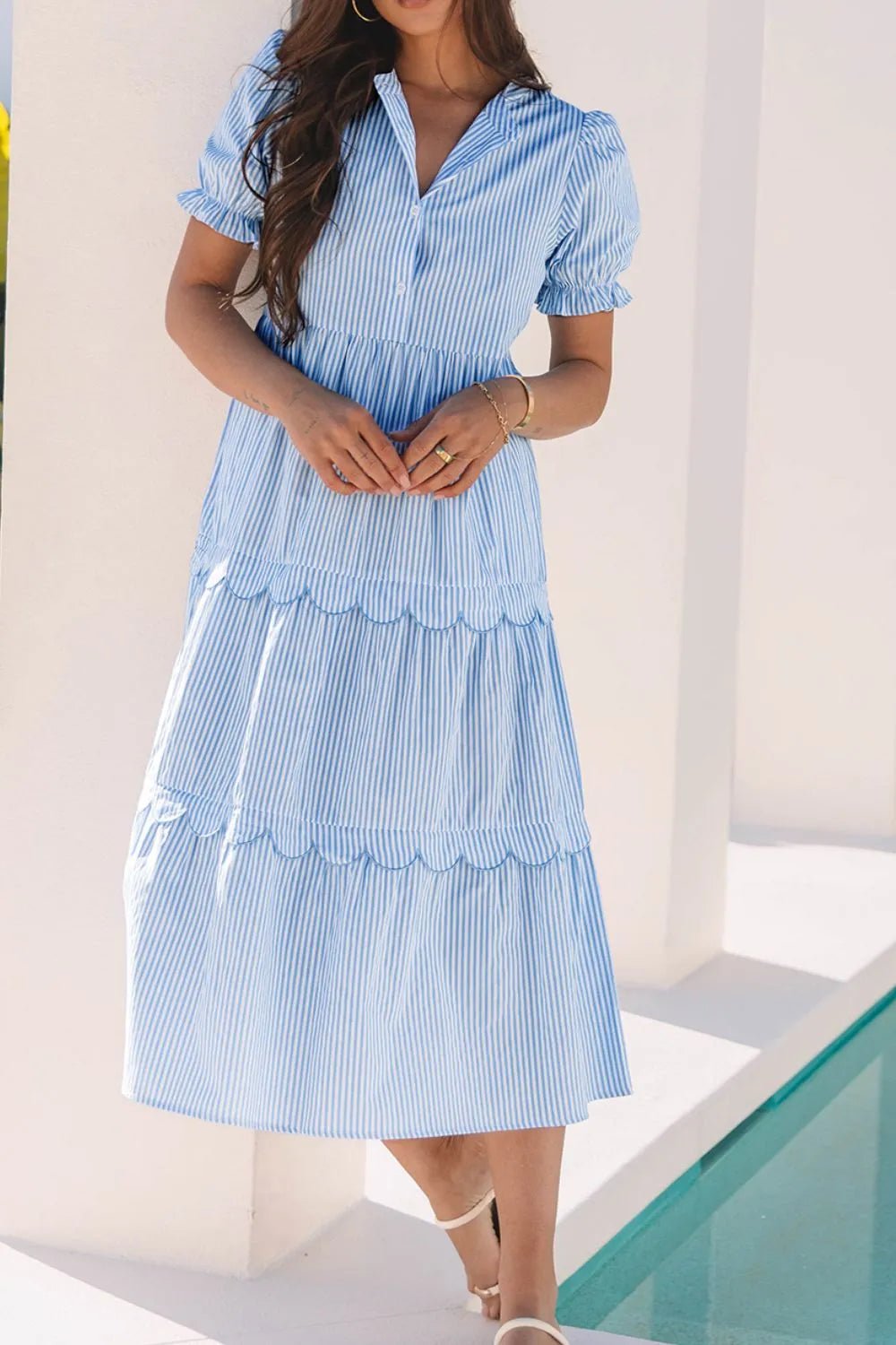 Stripe Bubble Short Sleeve Tiered Scallop Midi Dress - Bela Fils BoutiqueBela Fils Boutique