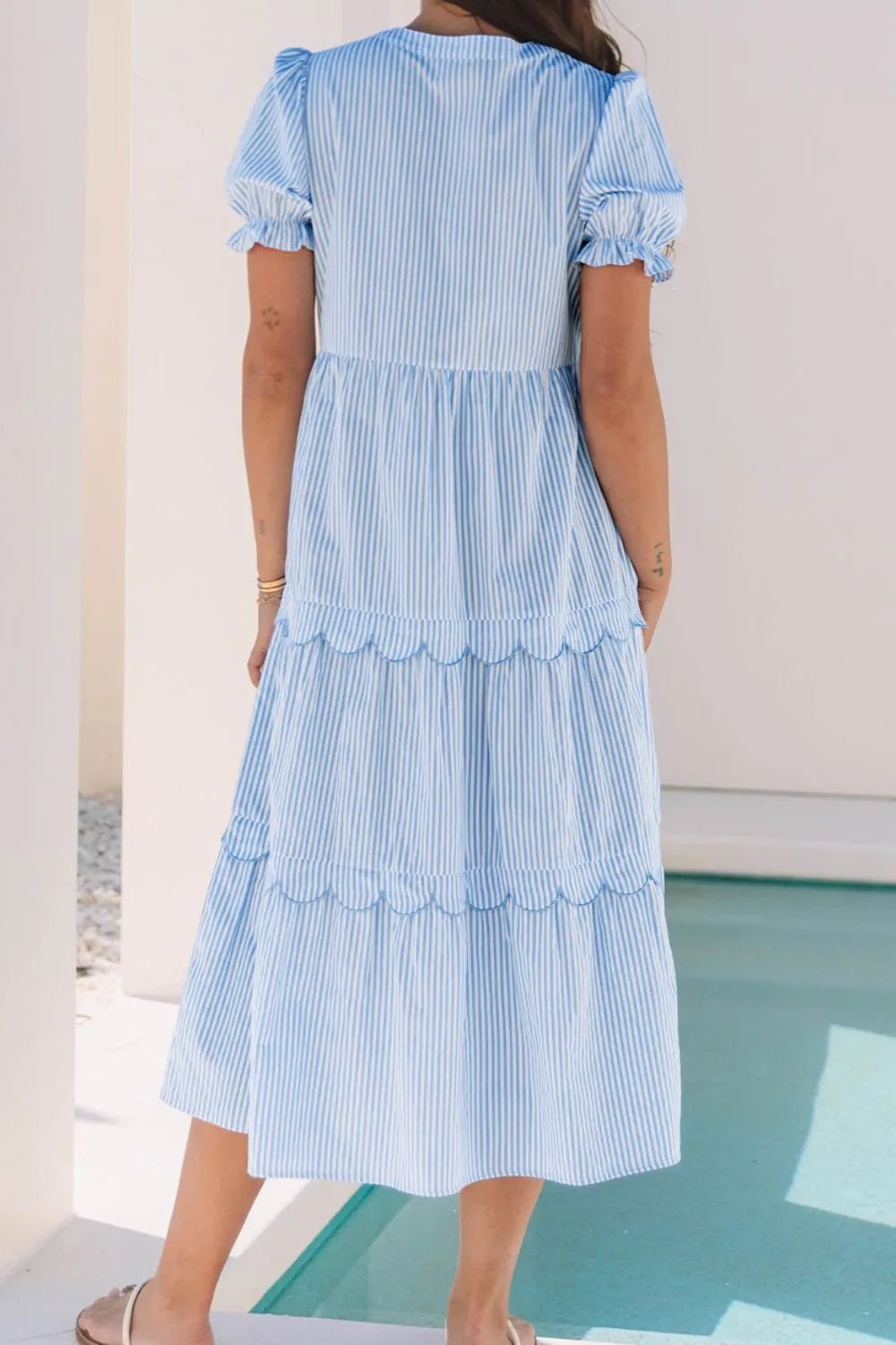 Stripe Bubble Short Sleeve Tiered Scallop Midi Dress - Bela Fils BoutiqueBela Fils Boutique