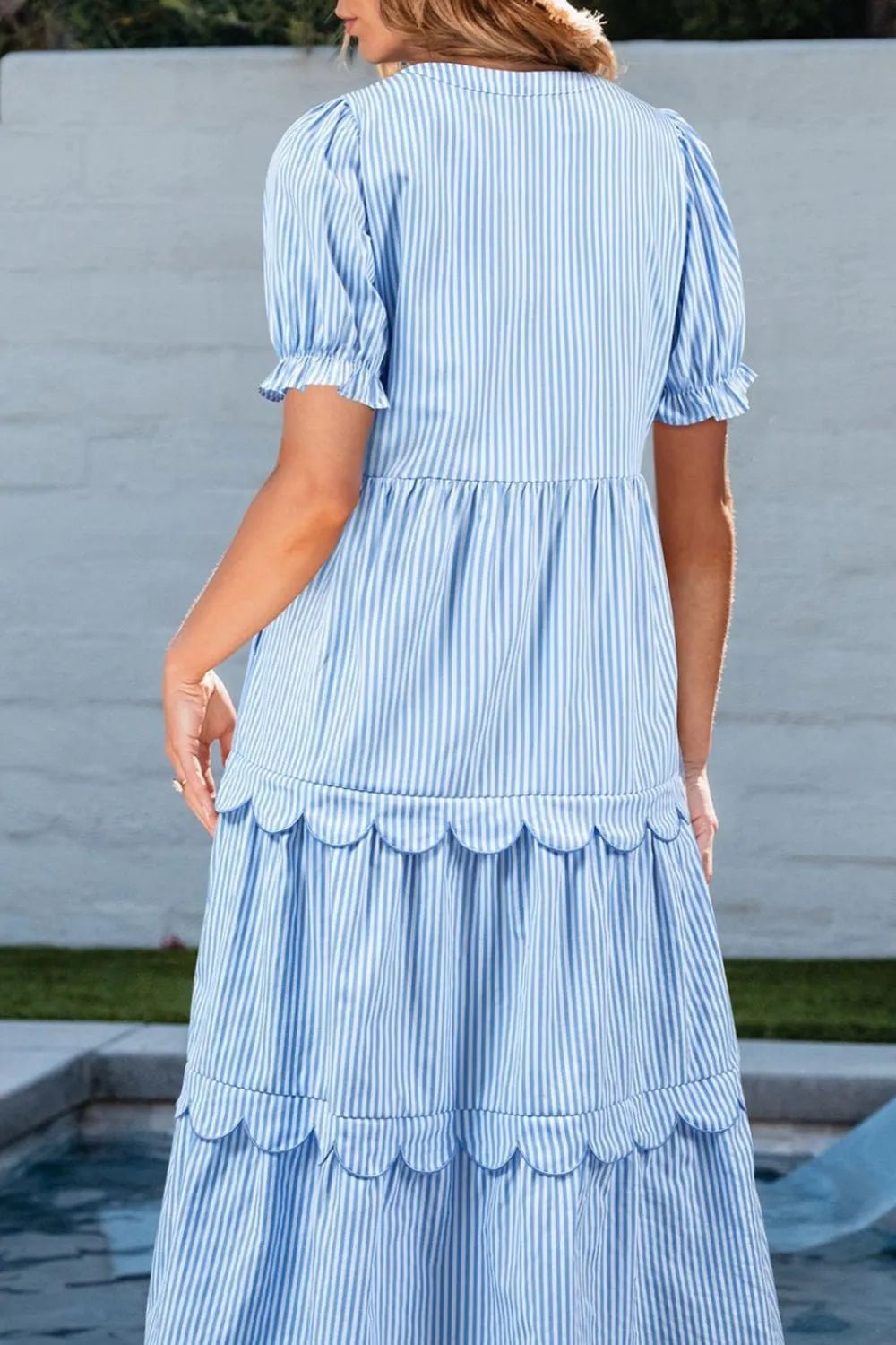 Stripe Bubble Short Sleeve Tiered Scallop Midi Dress - Bela Fils BoutiqueBela Fils Boutique