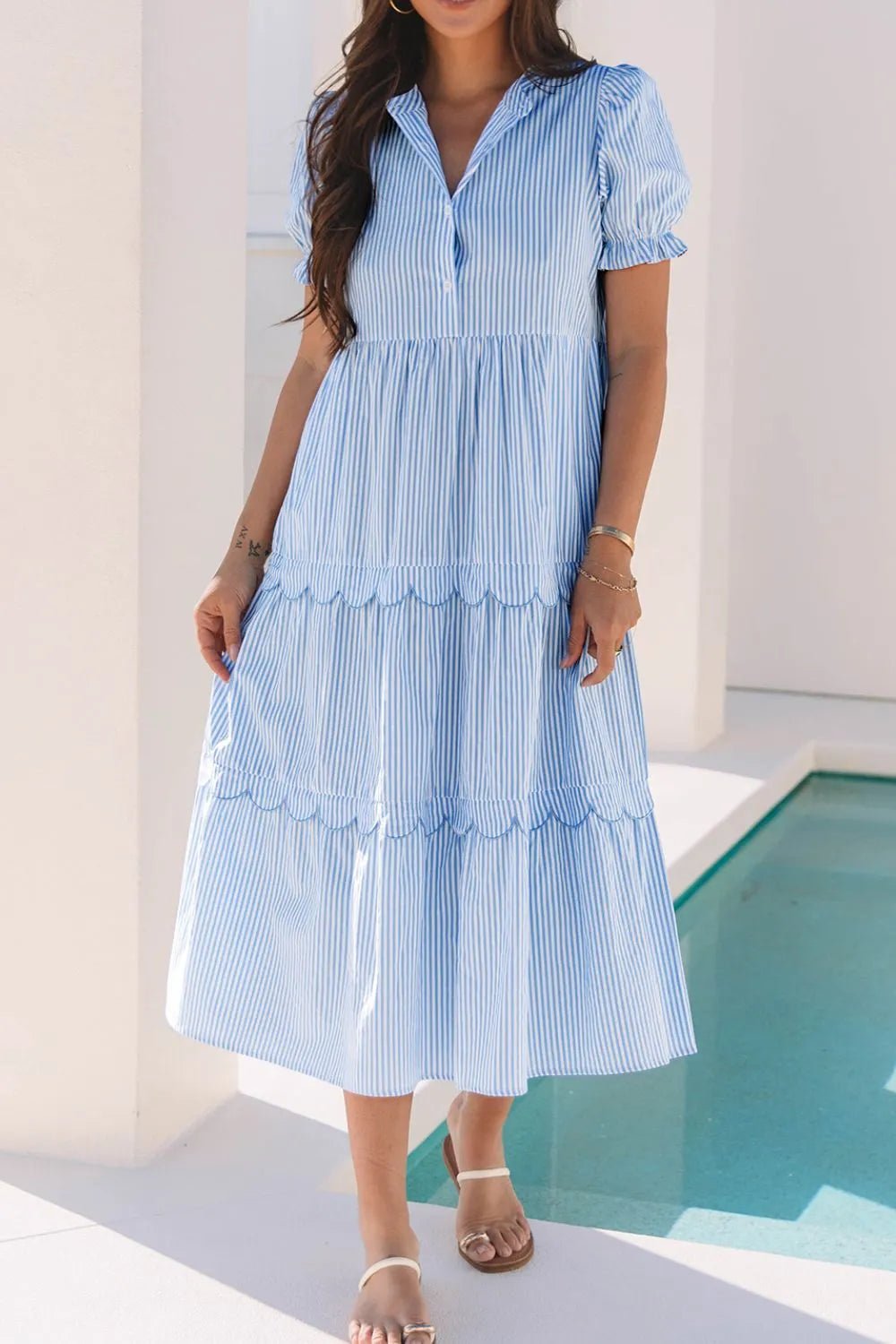 Stripe Bubble Short Sleeve Tiered Scallop Midi Dress - Bela Fils BoutiqueBela Fils Boutique