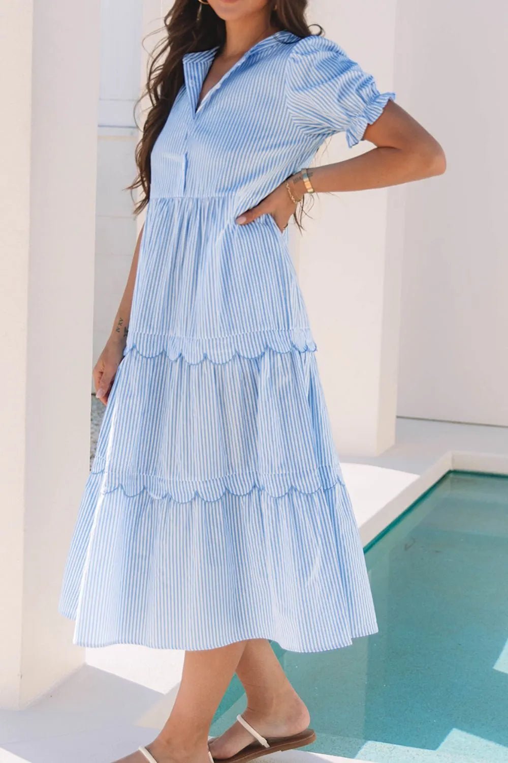 Stripe Bubble Short Sleeve Tiered Scallop Midi Dress - Bela Fils BoutiqueBela Fils Boutique