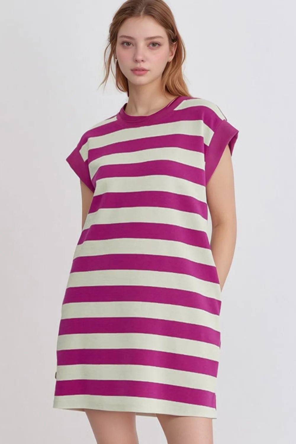 Stripe Cap Sleeve Pocketed Shift Tee Dress - Bela Fils BoutiqueBela Fils Boutique