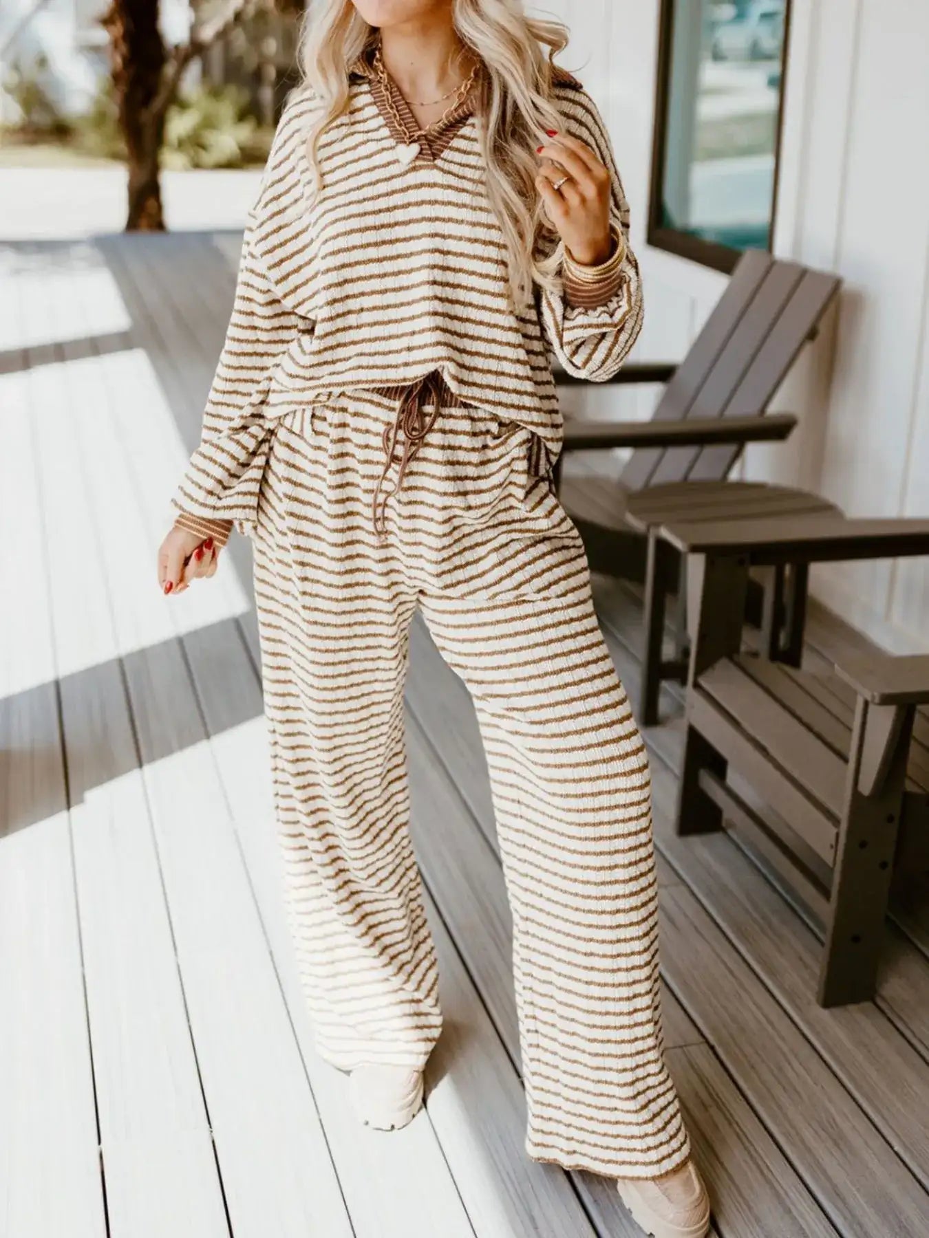Stripe Collared Top and Drawstring Pant Set - Bela Fils BoutiqueBela Fils Boutique