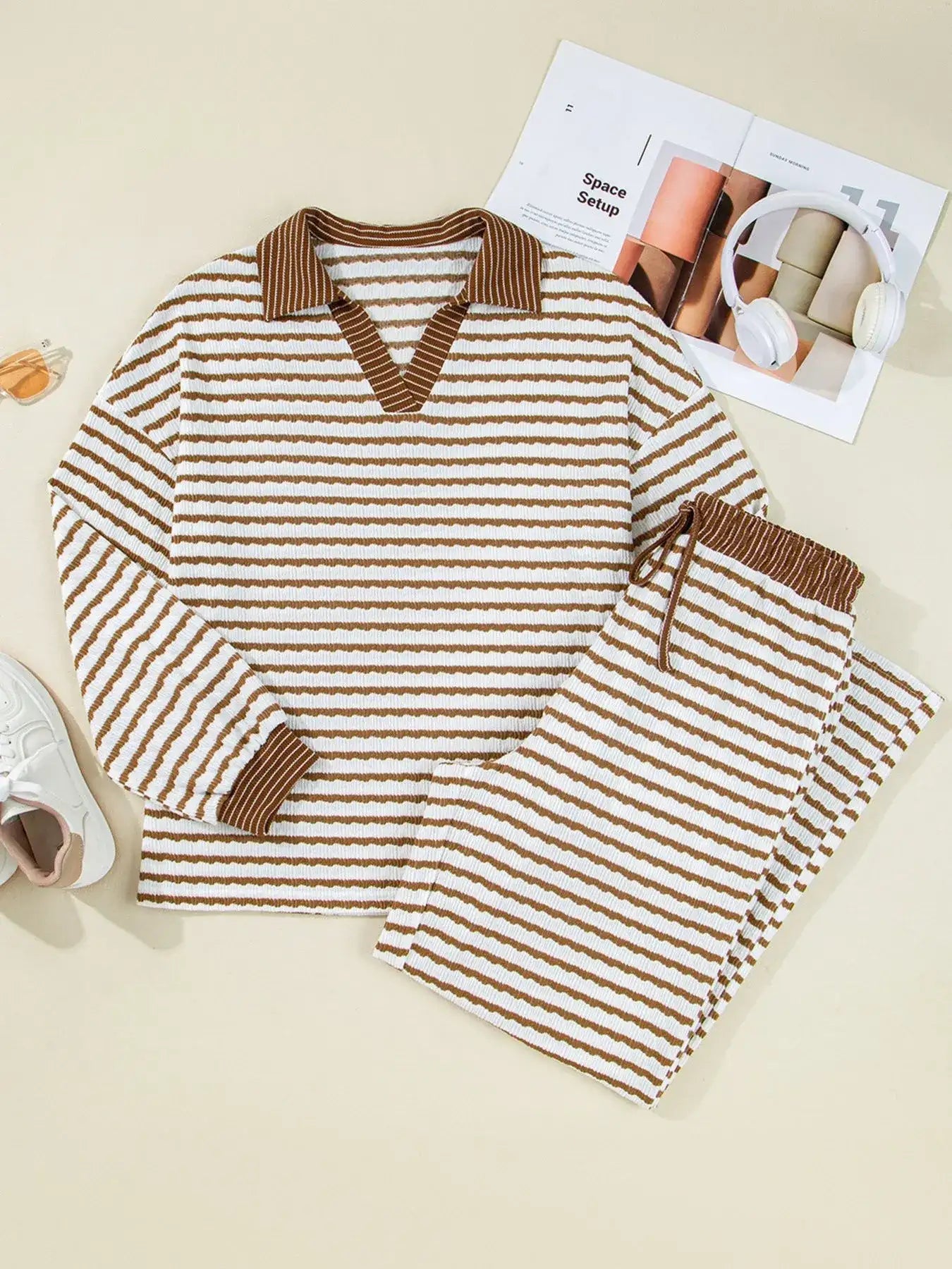 Stripe Collared Top and Drawstring Pant Set - Bela Fils BoutiqueBela Fils Boutique