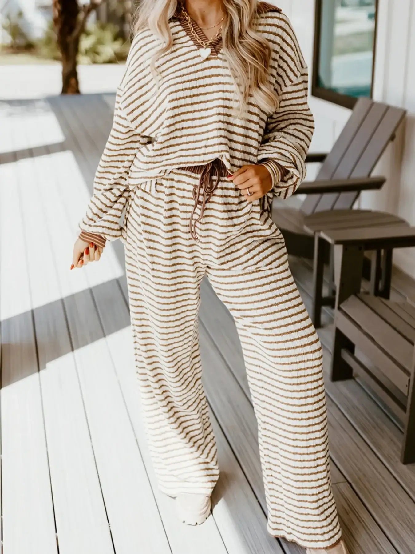 Stripe Collared Top and Drawstring Pant Set - Bela Fils BoutiqueBela Fils Boutique