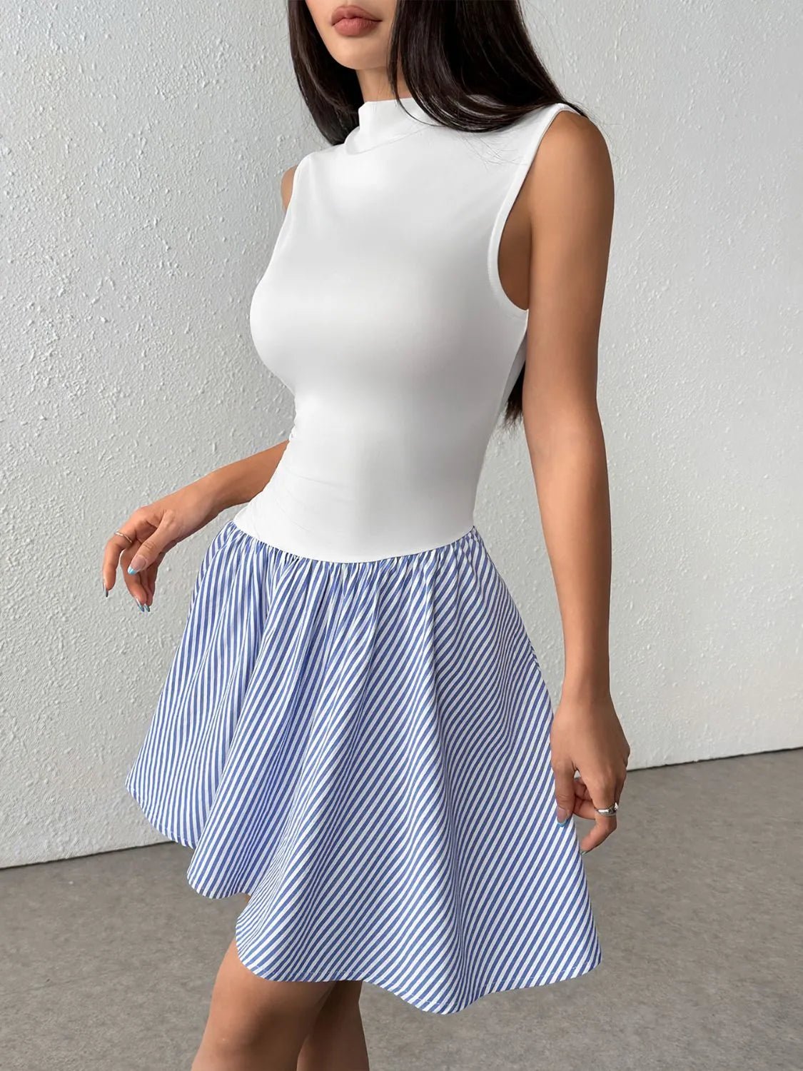 Striped Mock Neck Sleeveless Mini Tank Dress - Bela Fils BoutiqueBela Fils Boutique