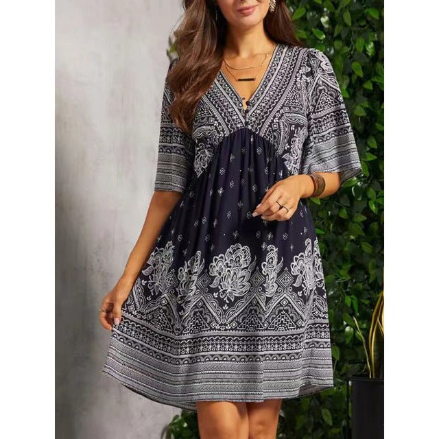 Summer V-neck Ethnic Print Mini Dress for Women 5XL - Bela Fils BoutiqueBela Fils Boutique