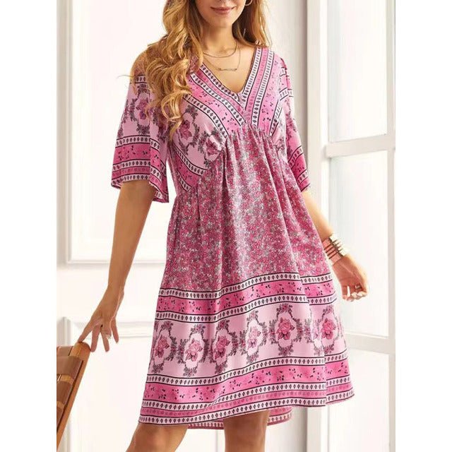 Summer V-neck Ethnic Print Mini Dress for Women 5XL - Bela Fils BoutiqueBela Fils Boutique