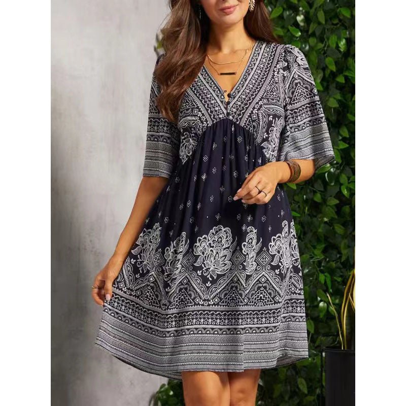 Summer V-neck Ethnic Print Mini Dress for Women 5XL - Bela Fils BoutiqueBela Fils Boutique