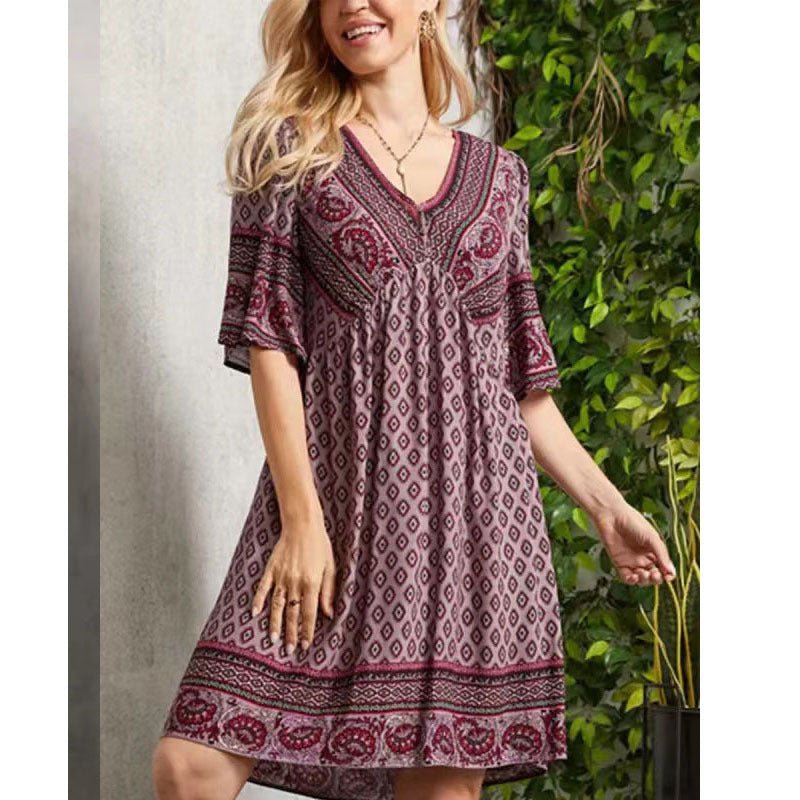 Summer V-neck Ethnic Print Mini Dress for Women 5XL - Bela Fils BoutiqueBela Fils Boutique