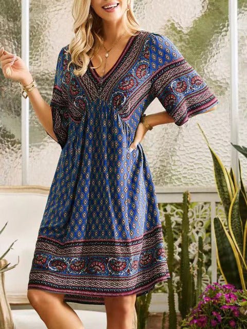 Summer V-neck Ethnic Print Mini Dress for Women 5XL - Bela Fils BoutiqueBela Fils Boutique