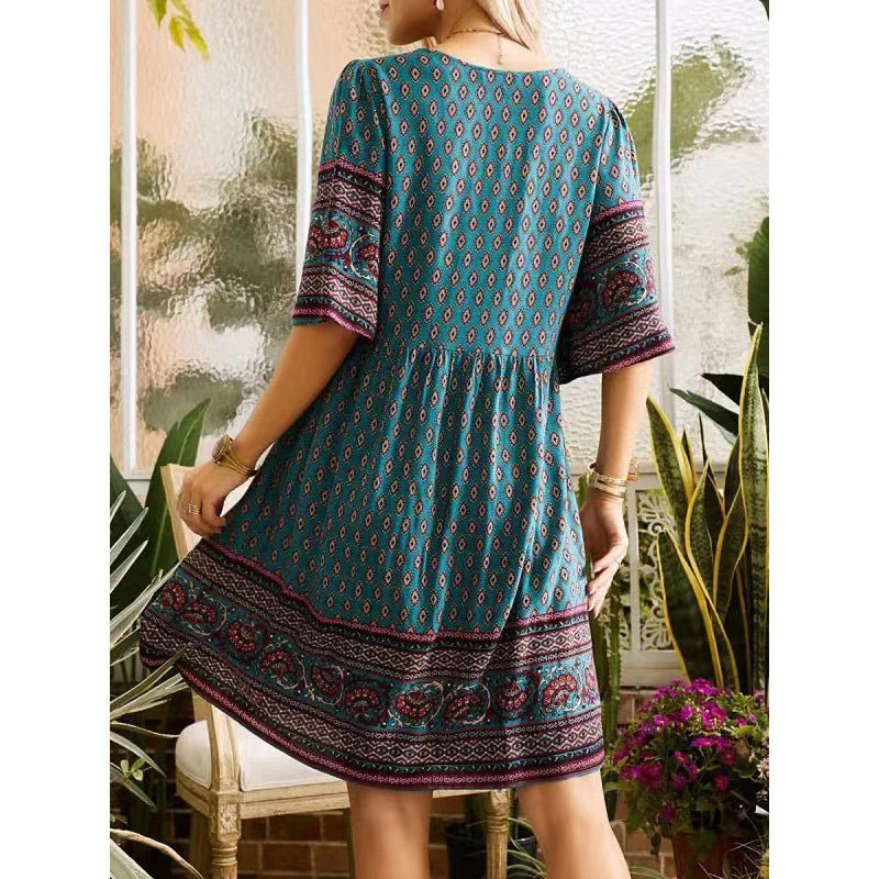 Summer V-neck Ethnic Print Mini Dress for Women 5XL - Bela Fils BoutiqueBela Fils Boutique
