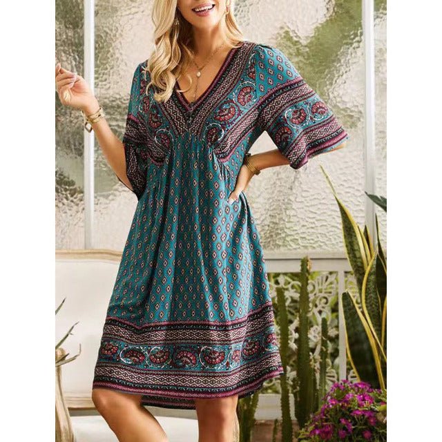 Summer V-neck Ethnic Print Mini Dress for Women 5XL - Bela Fils BoutiqueBela Fils Boutique