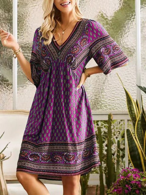 Summer V-neck Ethnic Print Mini Dress for Women 5XL - Bela Fils BoutiqueBela Fils Boutique
