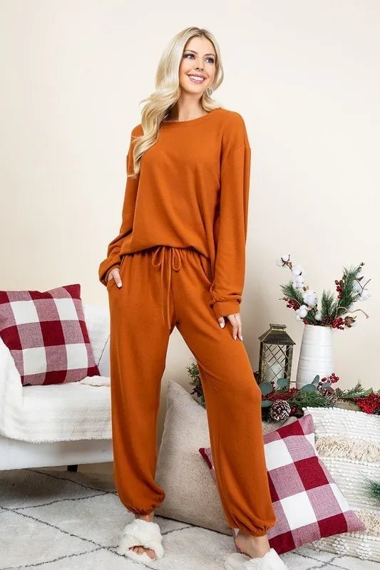 Super Lady Full Size Fuzzy Hacci Brush Round Neck Top and Pants Lounge Set - Bela Fils BoutiqueBela Fils Boutique