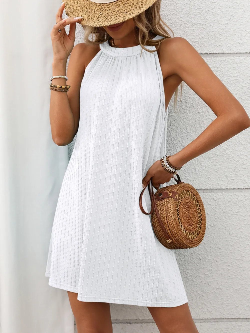 Textured Grecian Neck Mini Dress - Bela Fils BoutiqueBela Fils Boutique