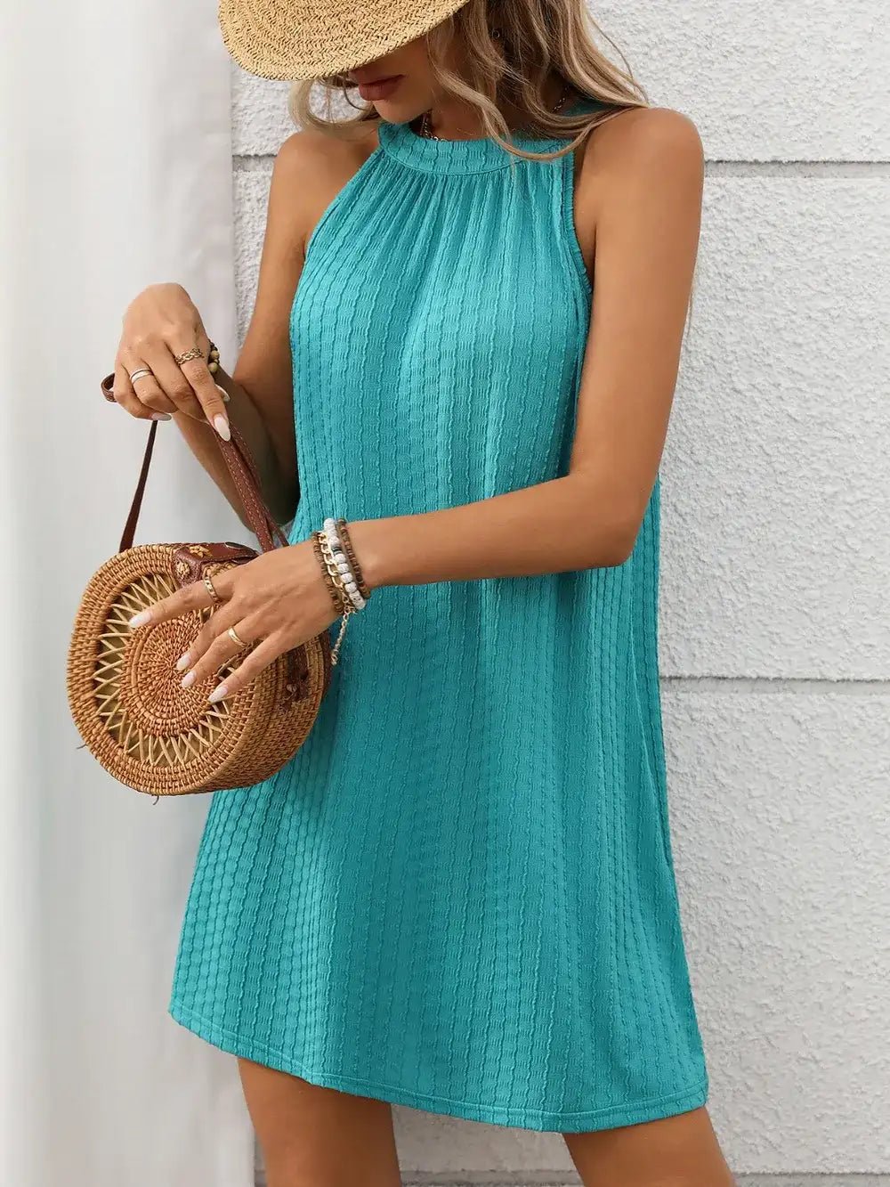 Textured Grecian Neck Mini Dress - Bela Fils BoutiqueBela Fils Boutique