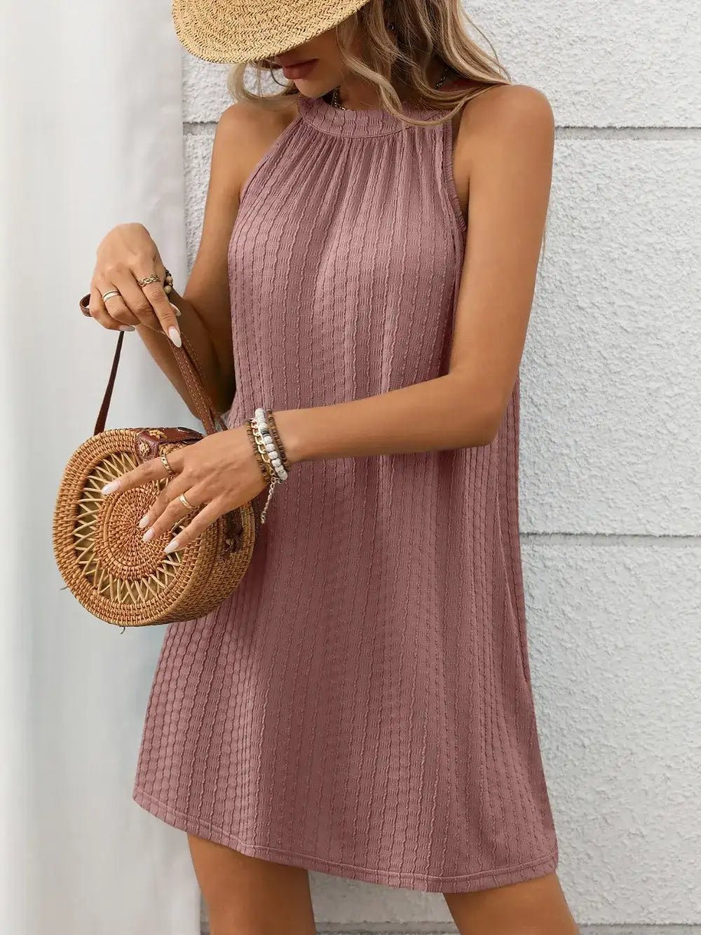 Textured Grecian Neck Mini Dress - Bela Fils BoutiqueBela Fils Boutique