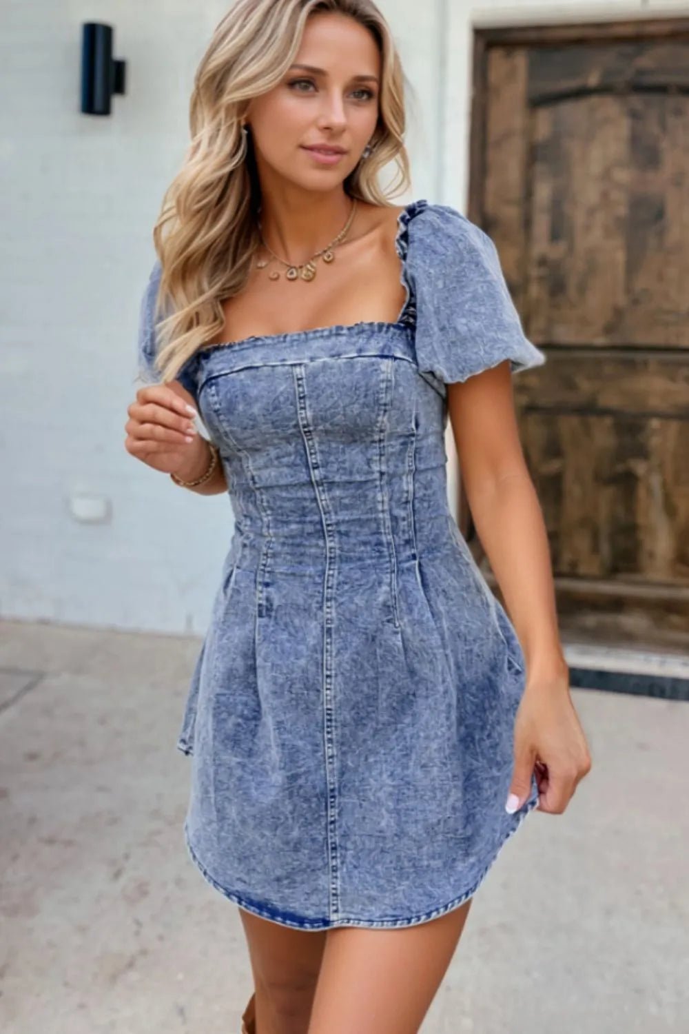 Tie Back Square Neck Puff Sleeve Denim Dress - Bela Fils BoutiqueBela Fils Boutique