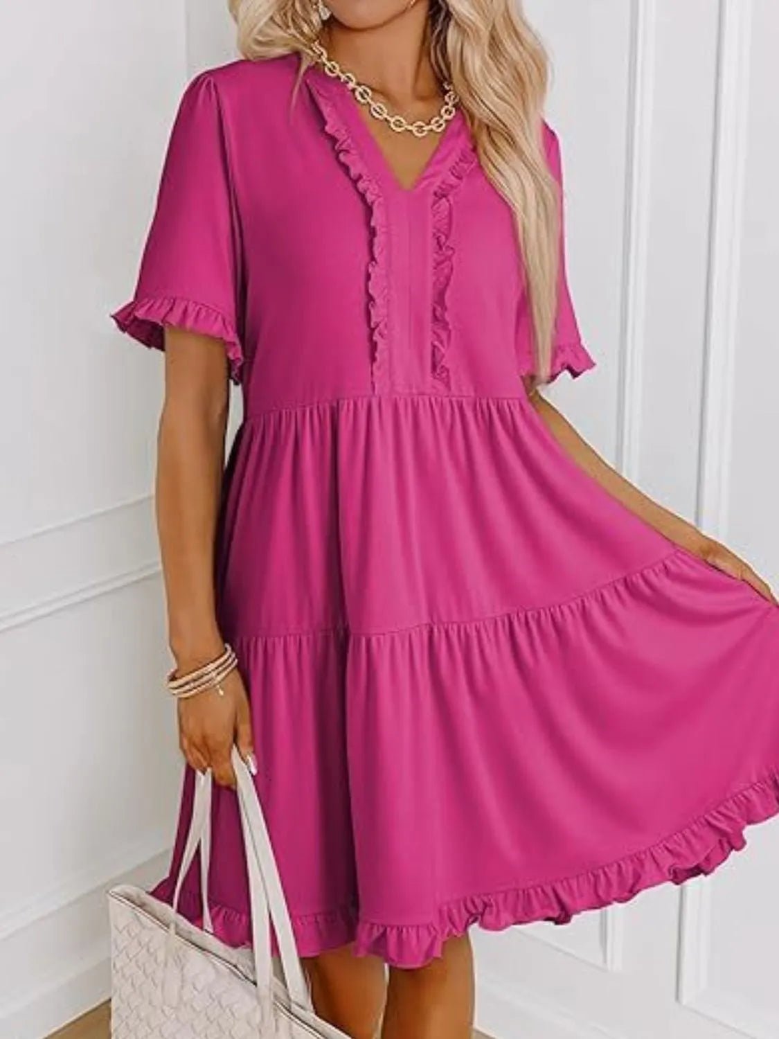 Tiered Notched Short Sleeve Mini Dress - Bela Fils BoutiqueBela Fils Boutique