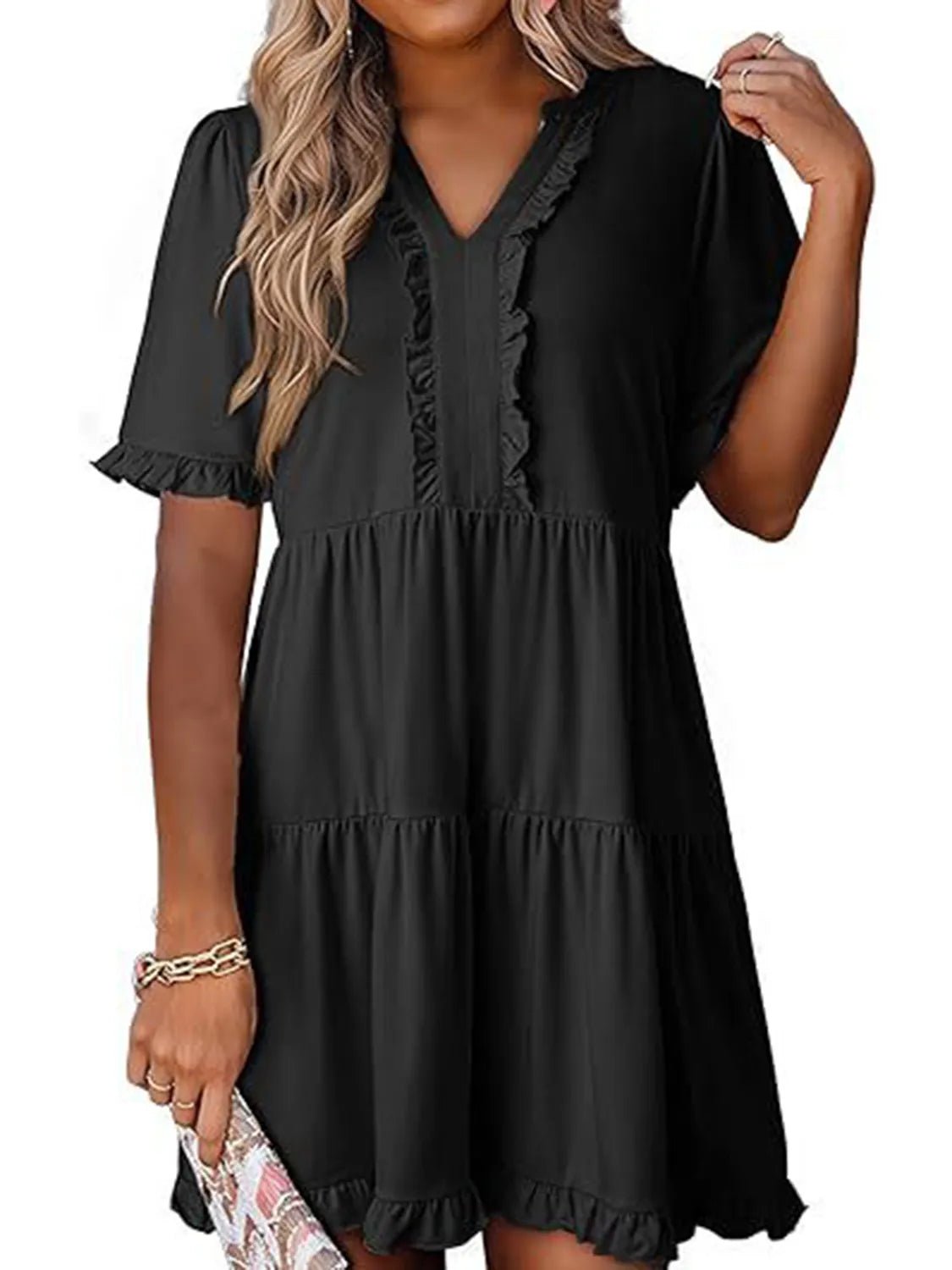 Tiered Notched Short Sleeve Mini Dress - Bela Fils BoutiqueBela Fils Boutique