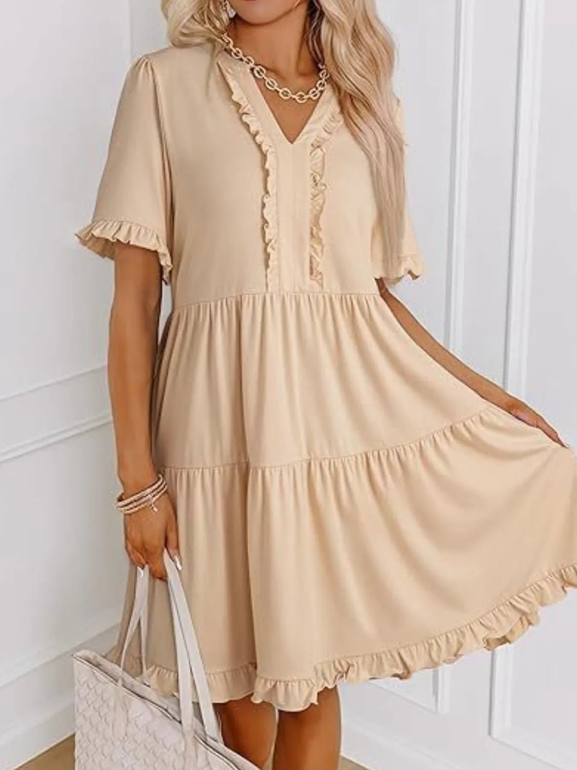 Tiered Notched Short Sleeve Mini Dress - Bela Fils BoutiqueBela Fils Boutique