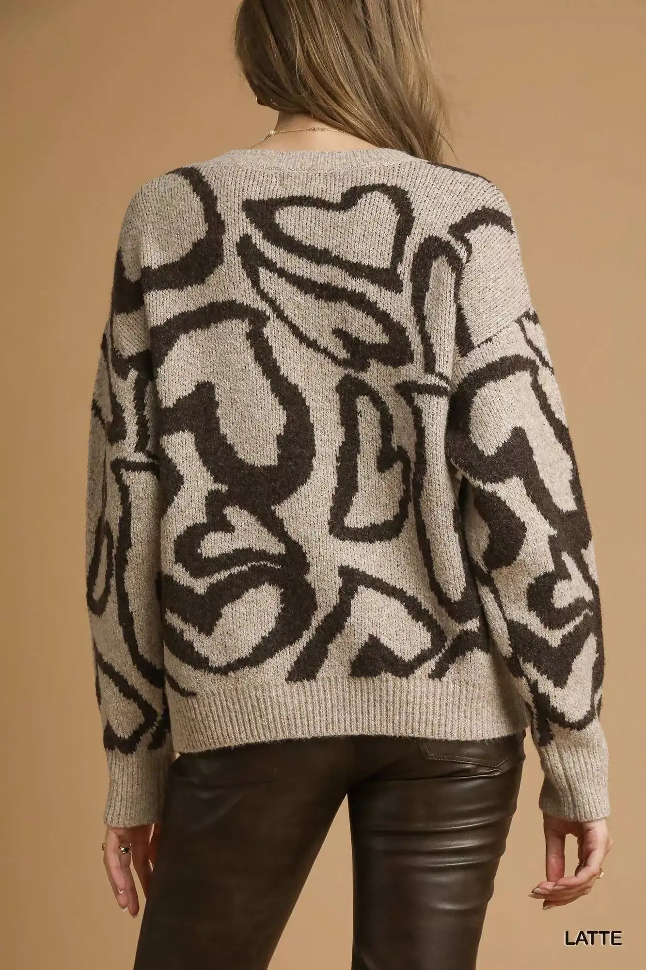 Umgee Heart Print Crew Neck Sweater - Bela Fils BoutiqueBela Fils Boutique