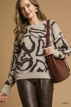 Umgee Heart Print Crew Neck Sweater - Bela Fils BoutiqueBela Fils Boutique