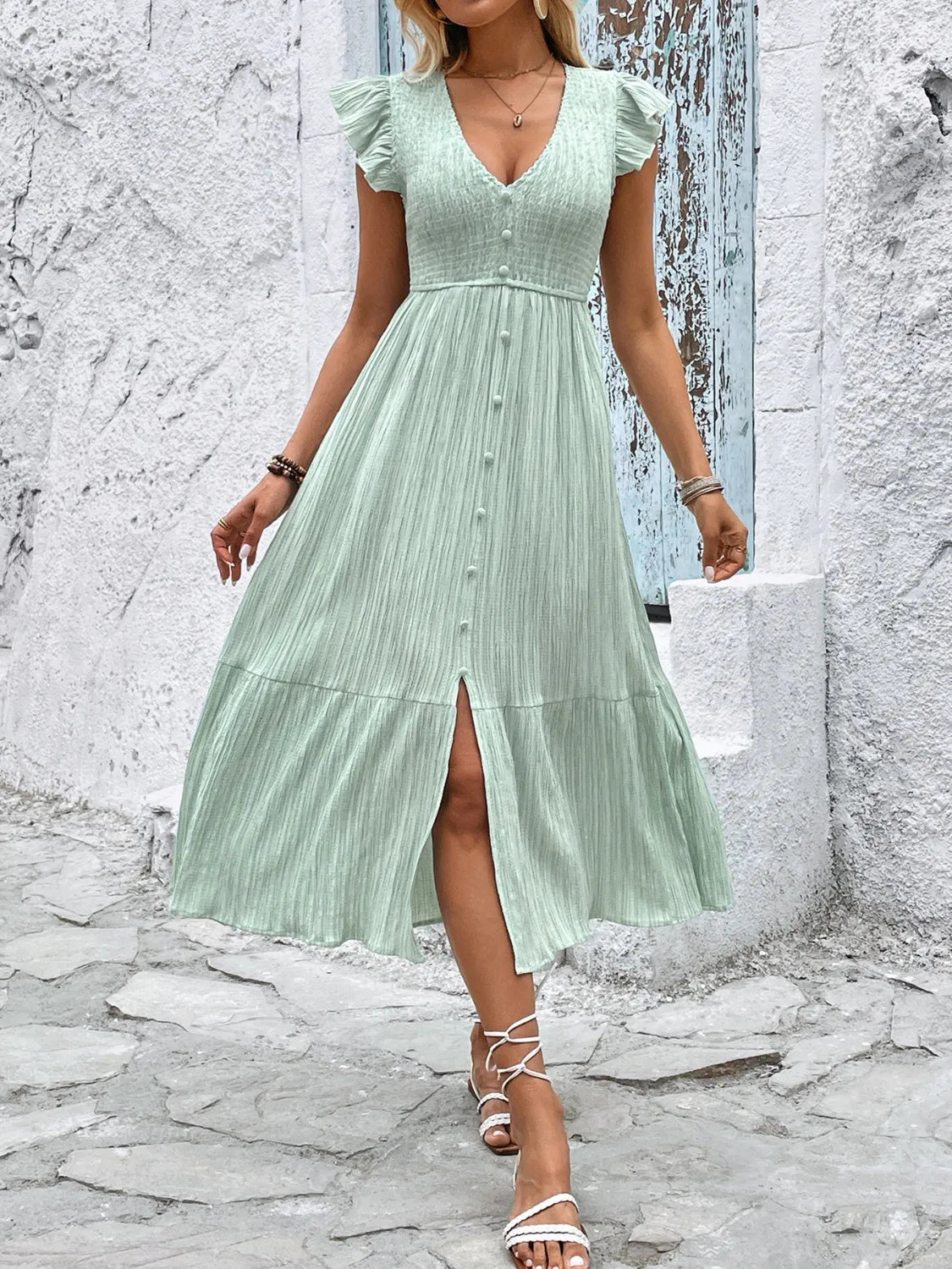 V - Neck Ruffled Cap Sleeve Dress - Bela Fils BoutiqueBela Fils Boutique