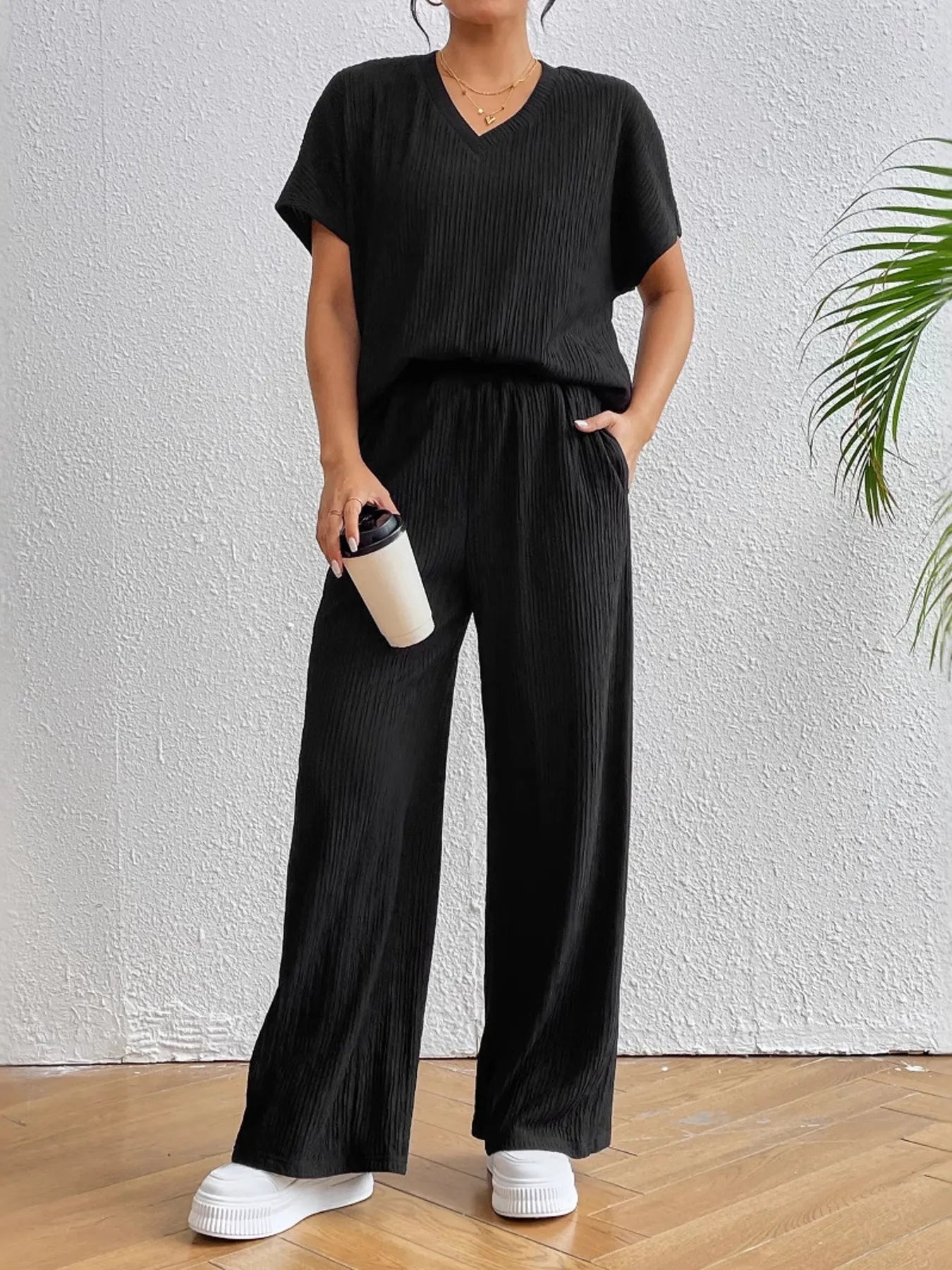 V - Neck Short Sleeve Top and Pants Set - Bela Fils BoutiqueBela Fils Boutique