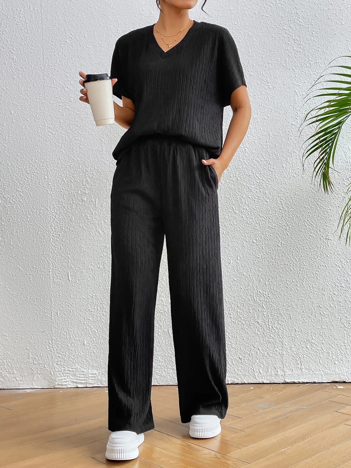 V - Neck Short Sleeve Top and Pants Set - Bela Fils BoutiqueBela Fils Boutique