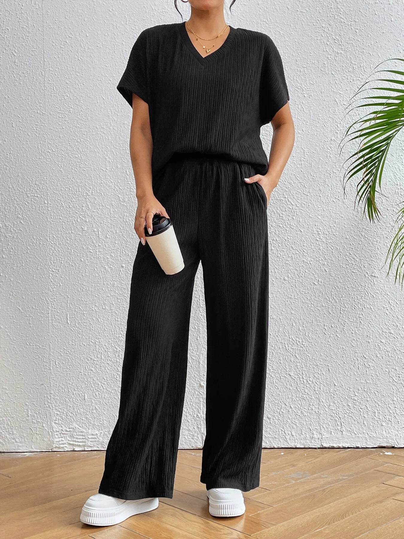 V - Neck Short Sleeve Top and Pants Set - Bela Fils BoutiqueBela Fils Boutique