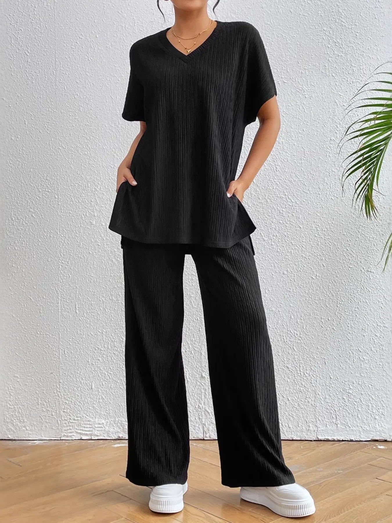 V - Neck Short Sleeve Top and Pants Set - Bela Fils BoutiqueBela Fils Boutique