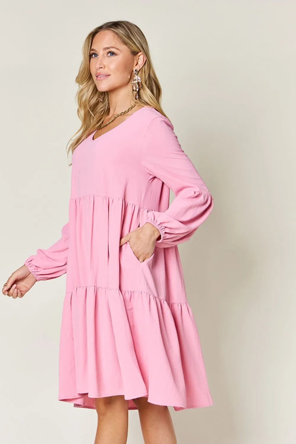 V - Neck Tiered Dress with Balloon Sleeves and Pockets - Bela Fils BoutiqueBela Fils Boutique