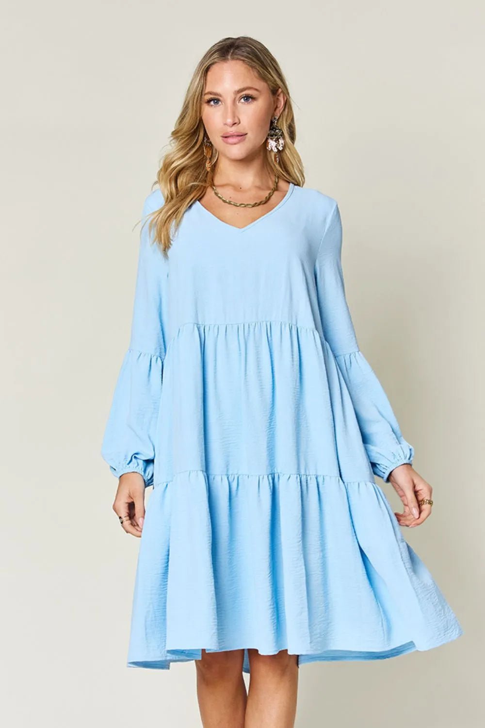 V - Neck Tiered Dress with Balloon Sleeves and Pockets - Bela Fils BoutiqueBela Fils Boutique