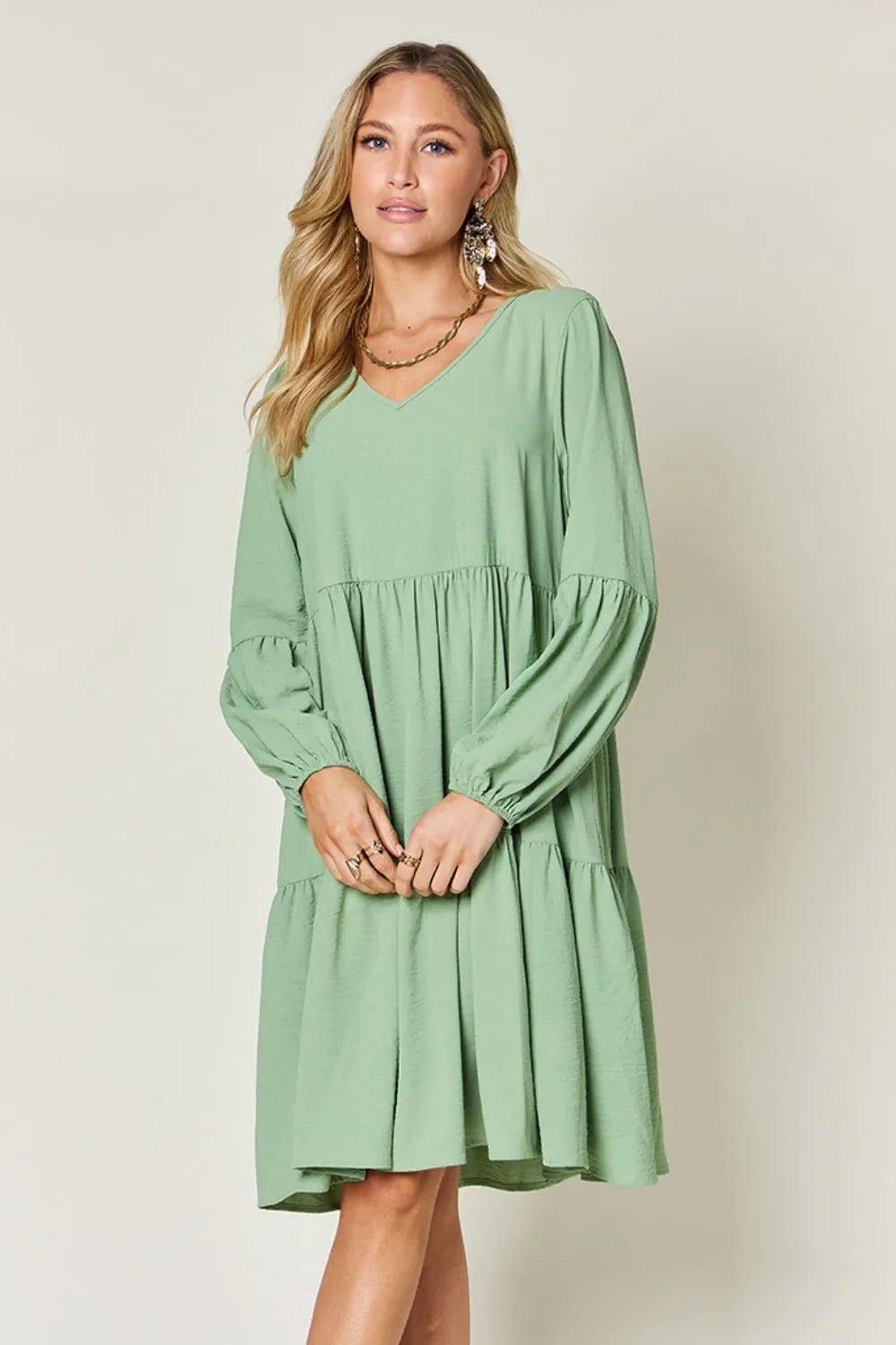 V - Neck Tiered Dress with Balloon Sleeves and Pockets - Bela Fils BoutiqueBela Fils Boutique