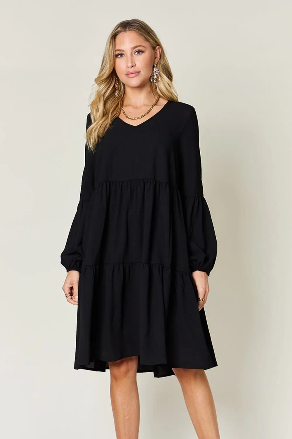 V - Neck Tiered Dress with Balloon Sleeves and Pockets - Bela Fils BoutiqueBela Fils Boutique