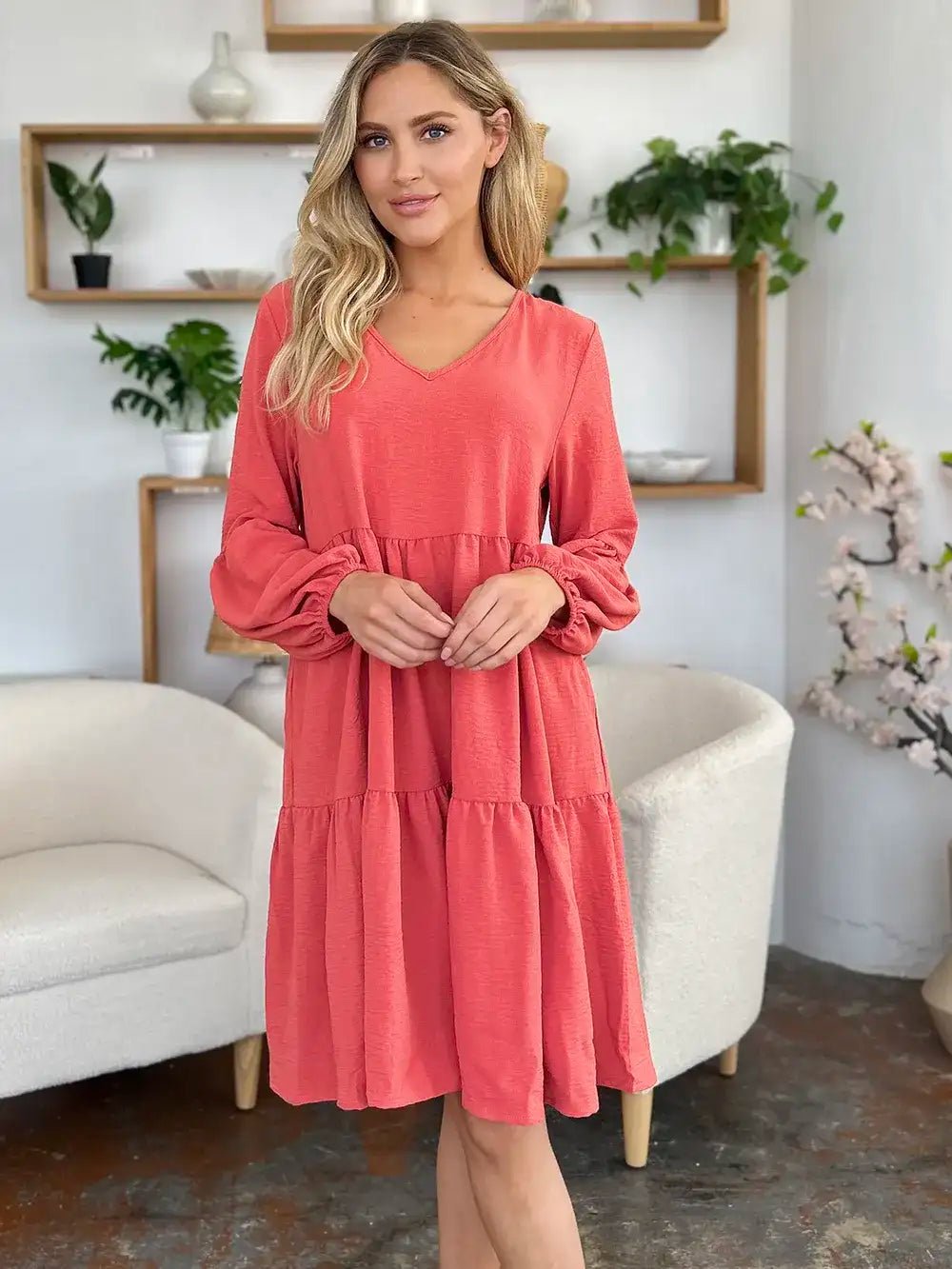 V - Neck Tiered Dress with Balloon Sleeves and Pockets - Bela Fils BoutiqueBela Fils Boutique