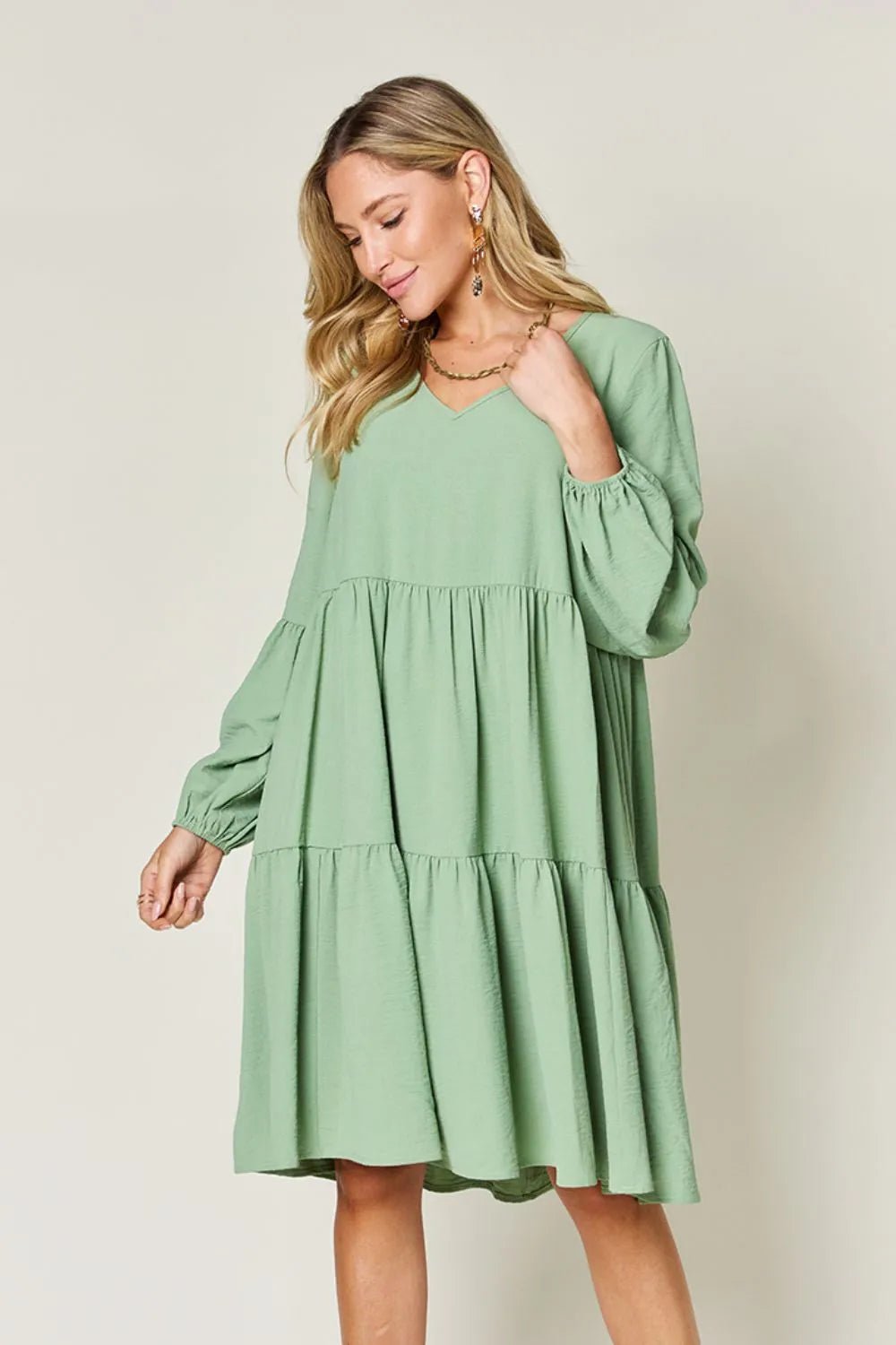 V - Neck Tiered Dress with Balloon Sleeves and Pockets - Bela Fils BoutiqueBela Fils Boutique