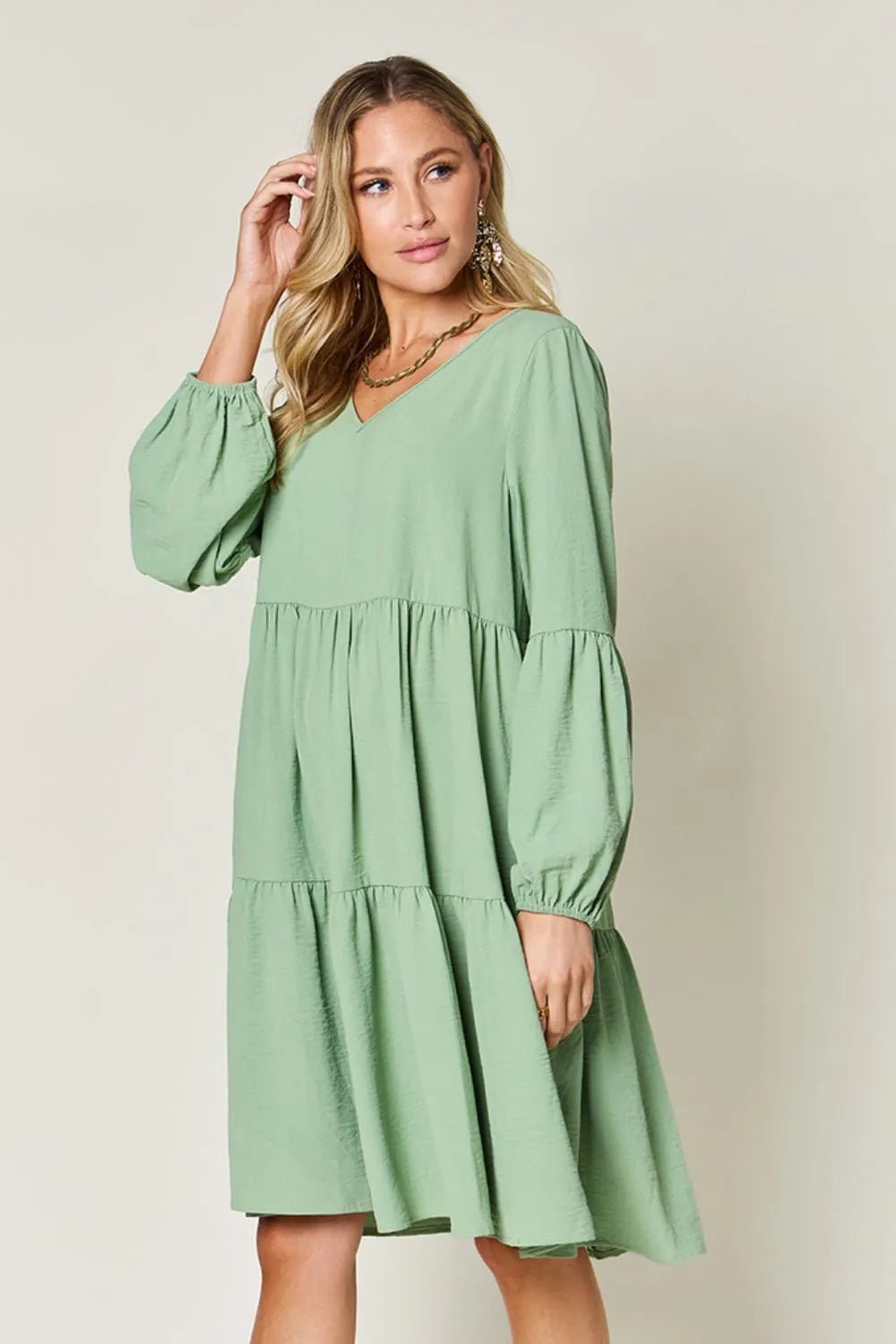 V - Neck Tiered Dress with Balloon Sleeves and Pockets - Bela Fils BoutiqueBela Fils Boutique