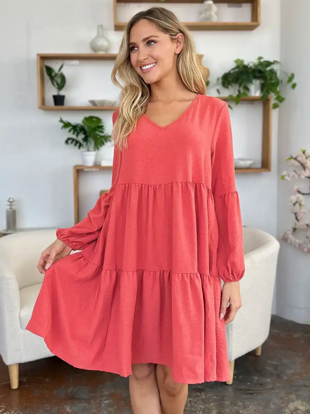 V - Neck Tiered Dress with Balloon Sleeves and Pockets - Bela Fils BoutiqueBela Fils Boutique