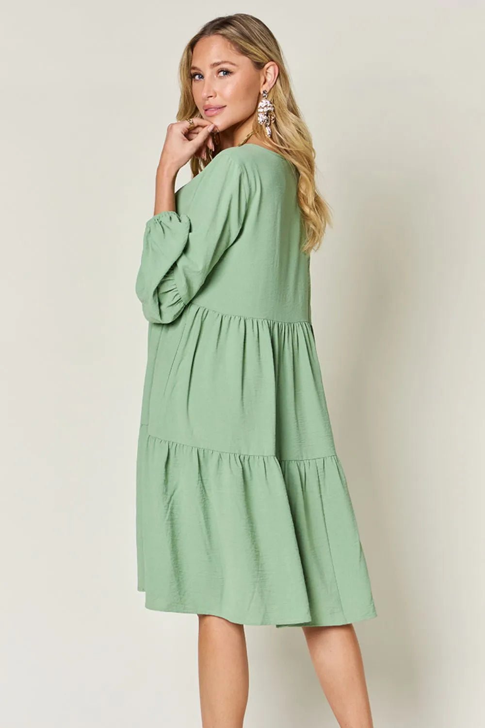 V - Neck Tiered Dress with Balloon Sleeves and Pockets - Bela Fils BoutiqueBela Fils Boutique