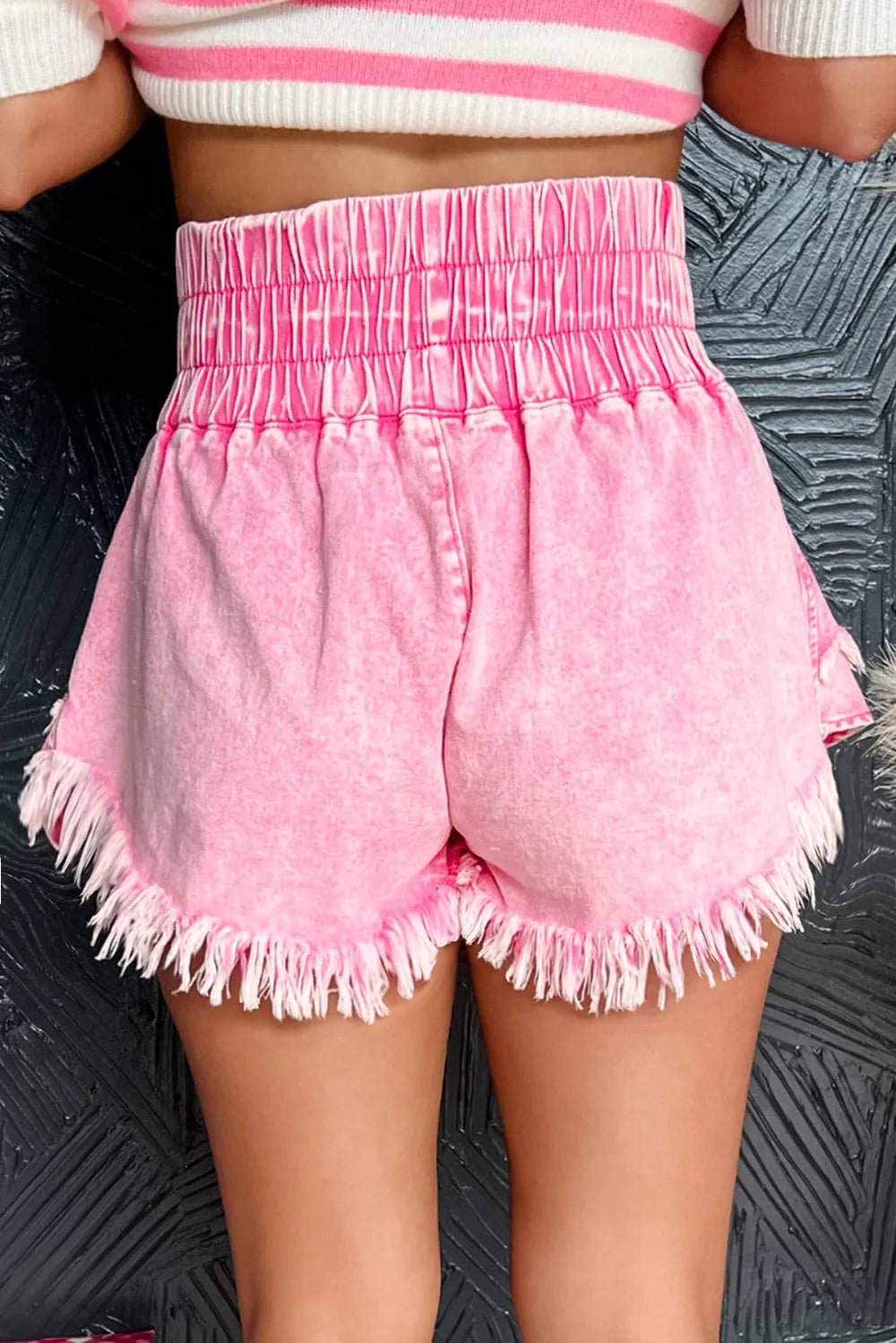 Washed Wide Smocked Waistband Frayed Denim Shorts - Bela Fils BoutiqueBela Fils Boutique