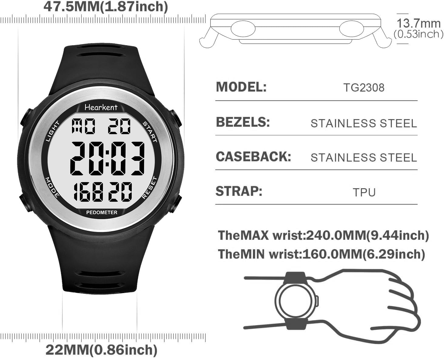 Waterproof Pedometer Watch – No App, Digital Step Counter with Light & Alarm - Bela Fils BoutiqueBela Fils Boutique