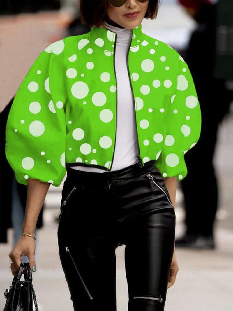 Women'S All over Print Zip up Mock Neck Jacket, Fashion Casual Lantern Sleeve Outerwear for Daily Outdoor Wear, Women Clothing for Spring Fall - Bela Fils BoutiqueBela Fils Boutique