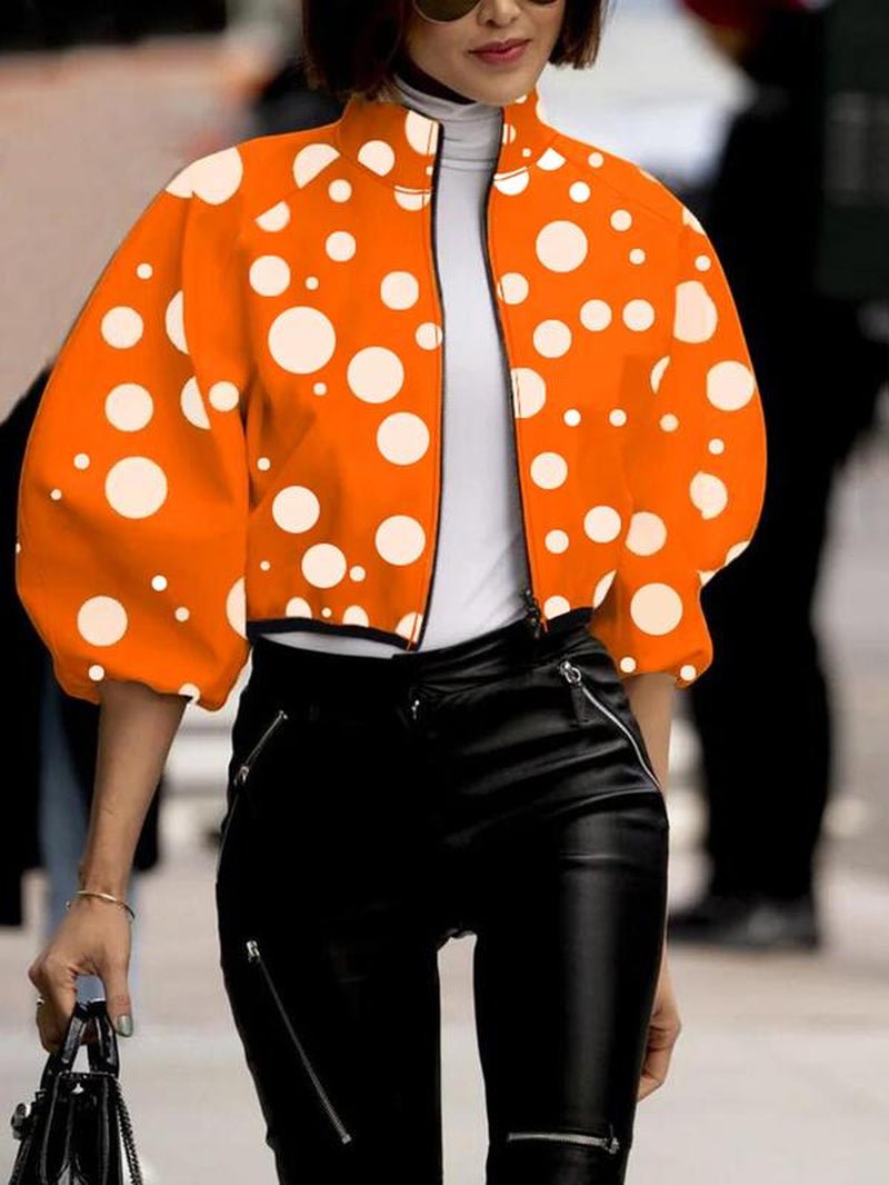 Women'S All over Print Zip up Mock Neck Jacket, Fashion Casual Lantern Sleeve Outerwear for Daily Outdoor Wear, Women Clothing for Spring Fall - Bela Fils BoutiqueBela Fils Boutique