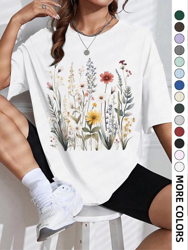 Women'S Floral Print round Neck Tee, Casual Drop Shoulder Short Sleeve T-Shirt, Ladies Summer Clothes, Tops for Women, Clothing - Bela Fils BoutiqueBela Fils Boutique