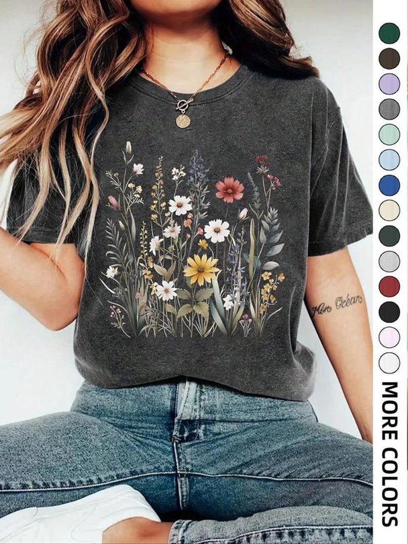 Women'S Floral Print round Neck Tee, Casual Drop Shoulder Short Sleeve T-Shirt, Ladies Summer Clothes, Tops for Women, Clothing - Bela Fils BoutiqueBela Fils Boutique