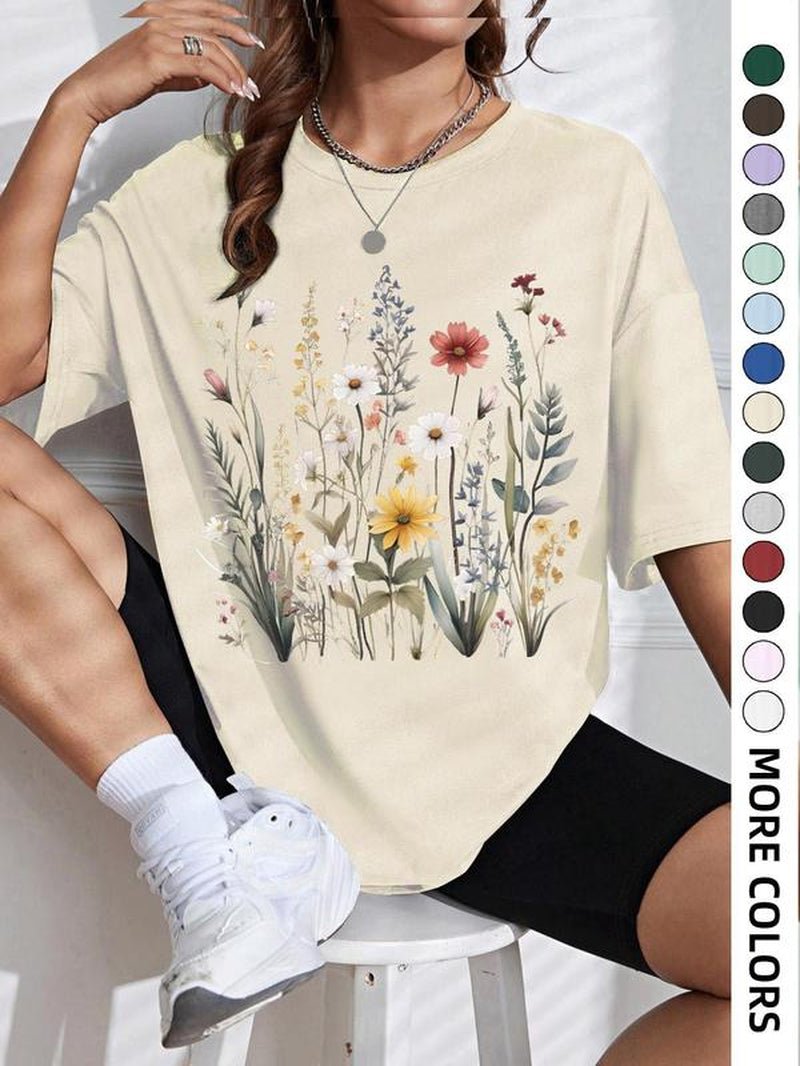Women'S Floral Print round Neck Tee, Casual Drop Shoulder Short Sleeve T-Shirt, Ladies Summer Clothes, Tops for Women, Clothing - Bela Fils BoutiqueBela Fils Boutique