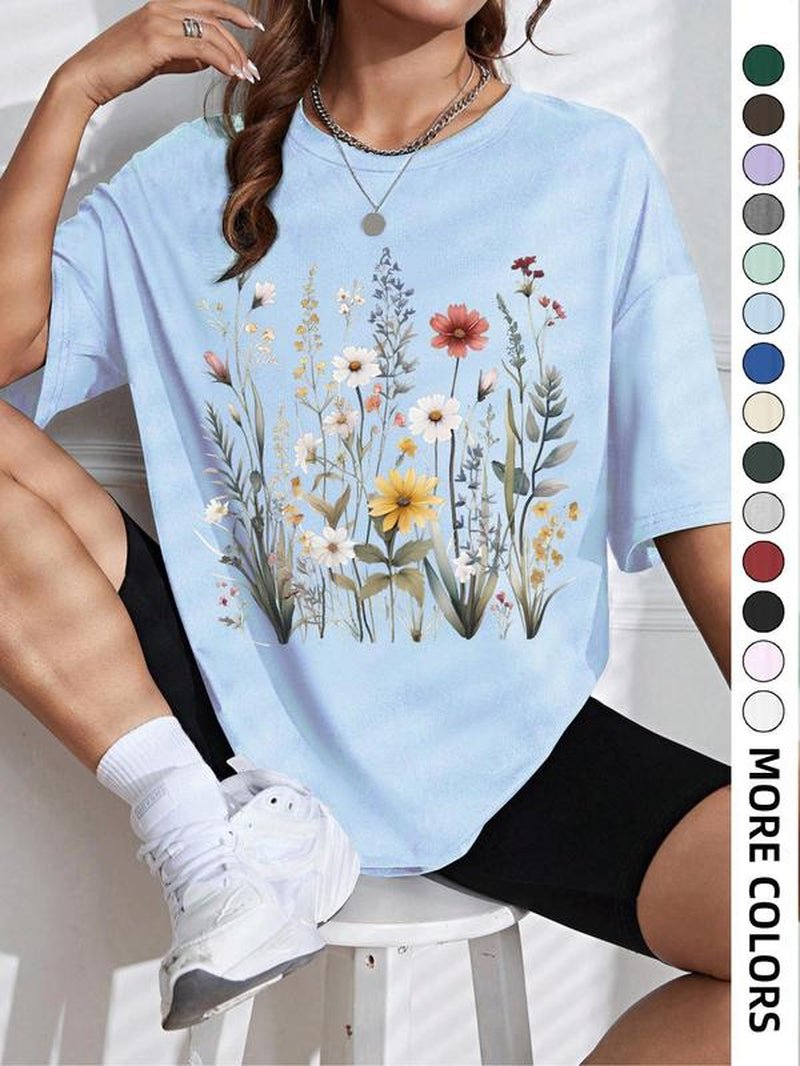 Women'S Floral Print round Neck Tee, Casual Drop Shoulder Short Sleeve T-Shirt, Ladies Summer Clothes, Tops for Women, Clothing - Bela Fils BoutiqueBela Fils Boutique